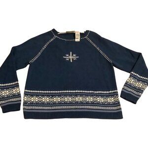 Liz Claiborne Petite Womens Snowflake Nordic Knit Sweater Navy Blue/White